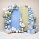 Baby backdrop setup with pastel blue balloons and white balloon arch and Little Goose theme.