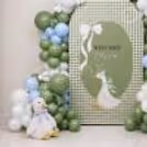 Little Goose backdrop with matte green and pastel blue balloon clusters.