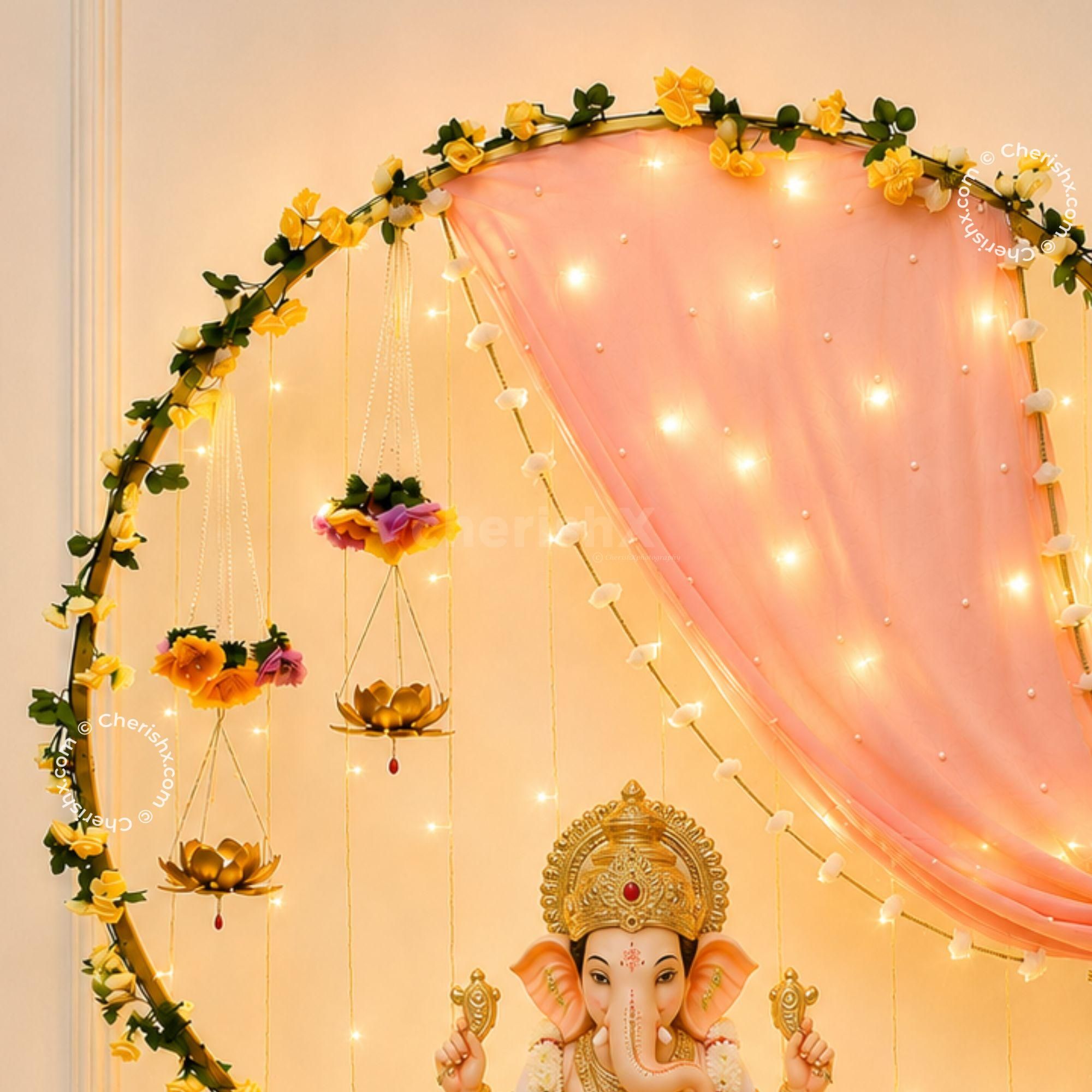 Floral Golden Ring Backdrop with Fairy Lights