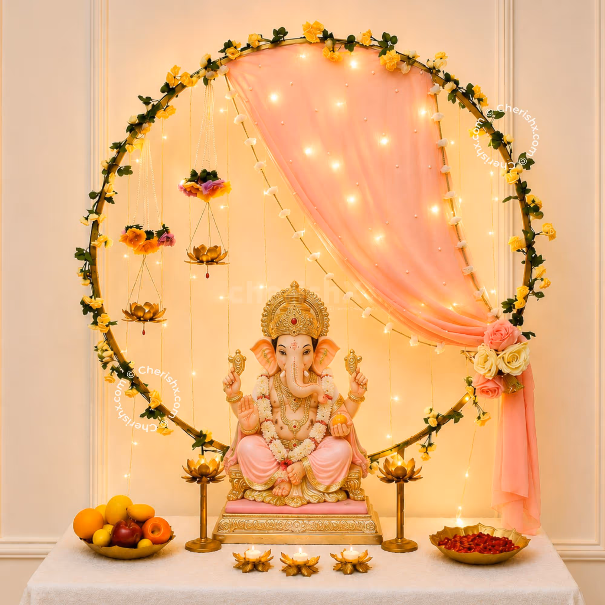 Golden Ring Peach Ganpati Decoration