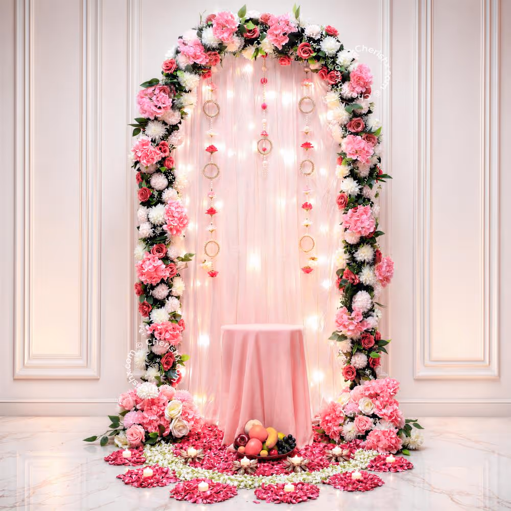 Pink Theme Ganpati Setup with Fairy Lights