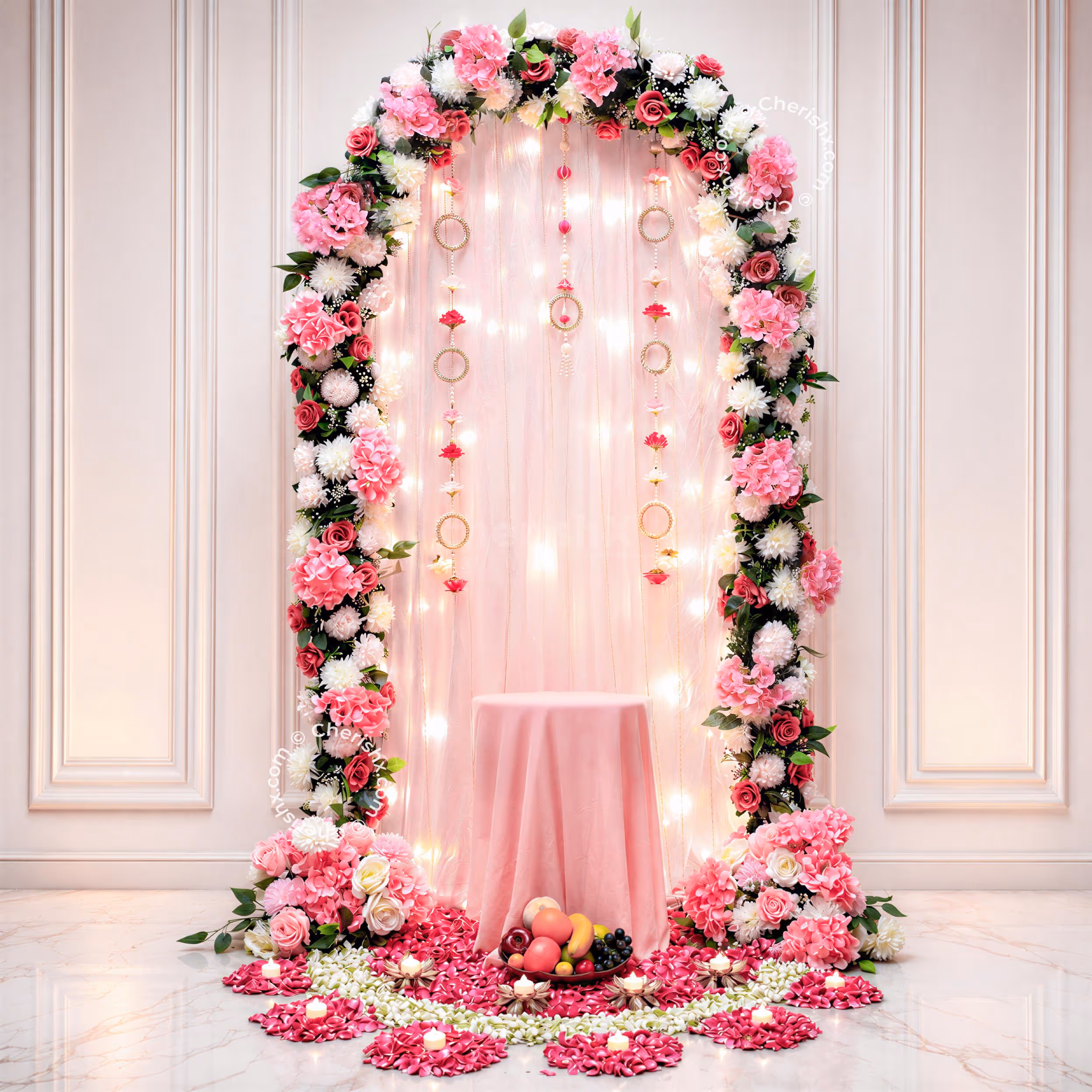 Pink Theme Ganpati Setup with Fairy Lights