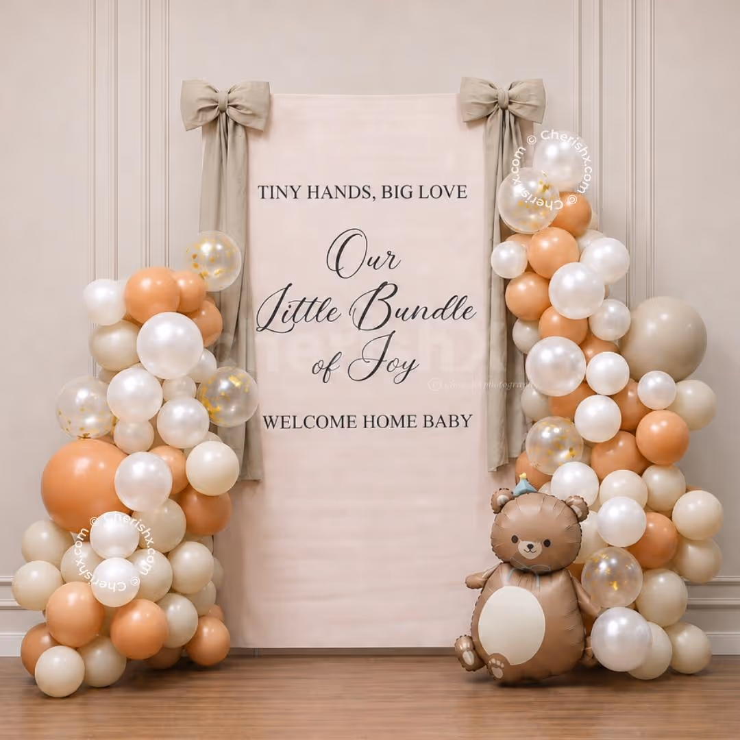 Welcome Home Baby Balloon Arch with Teddy & Baby Boxes Decor