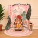Royal peacock theme with Ganpati backdrop, complex pink and gold design and floor arrangement.