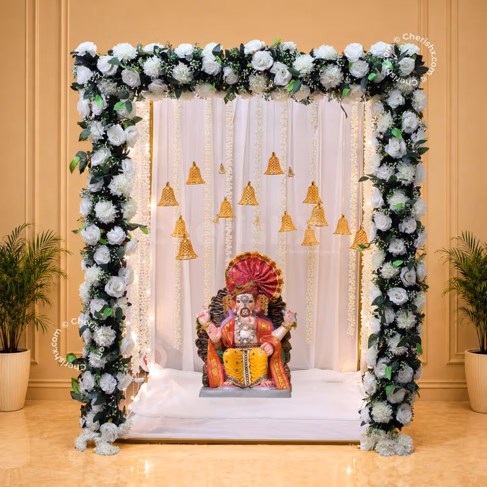 Elegant White Floral Ganpati Backdrop
