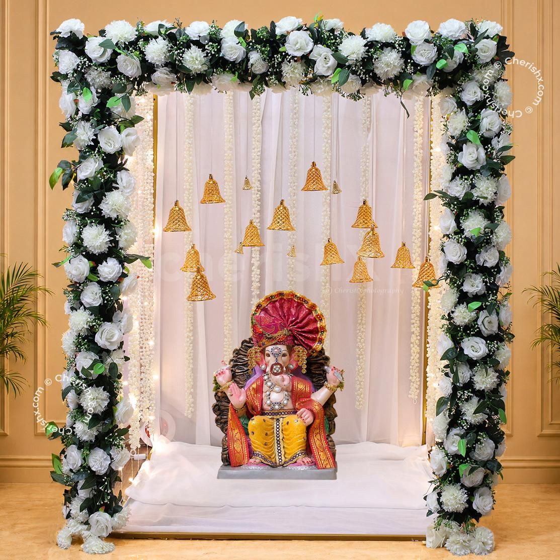 White Floral Cuboid Ganpati Decoration for Home