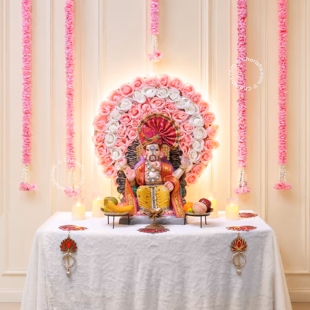 Artificial pink and white round rose decoration background with warm LED lights and hanging pink flower garlands for diy.