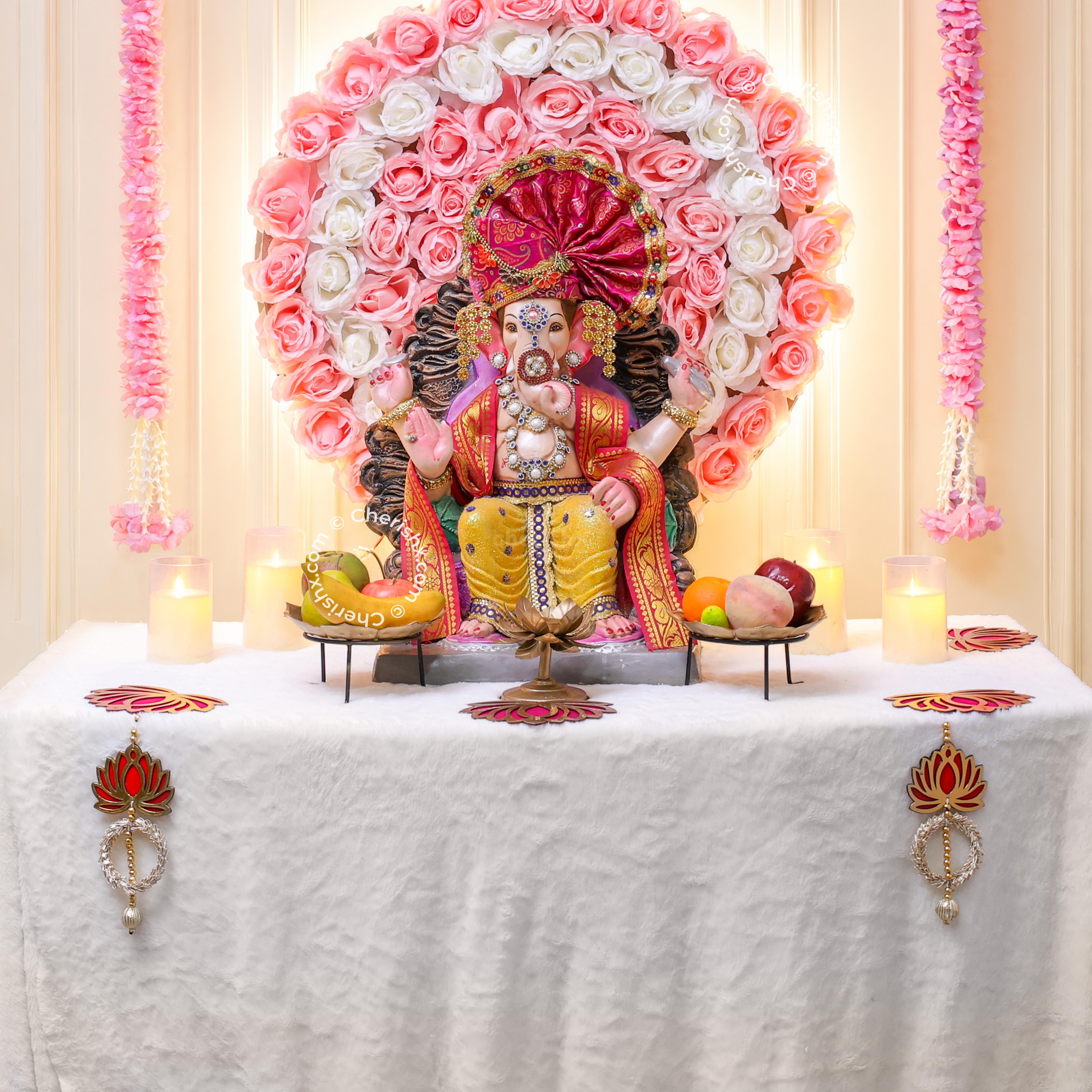 Ganpati Decoration Background Neon Light Artificial Flower Arrangements Decorative Pink Tassel Strings For Festive Pooja Setup