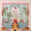 Peacock Theme Traditional Ganpati Backdrop with best peacock design flex backdrop, Pink floral garlands, Lotus strings and festive pooja decoration.