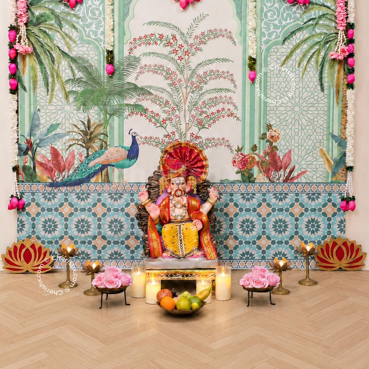 Ganpati pooja backdrop with peacock theme flex with floral lotus hangings, pearl tassels, and top-quality festive wall decoration.