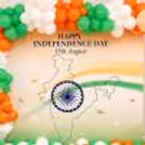 Indian Independence Day photo backdrop with tricolour balloon border, floating tricolour balloon, with festive floor balloon decoration.