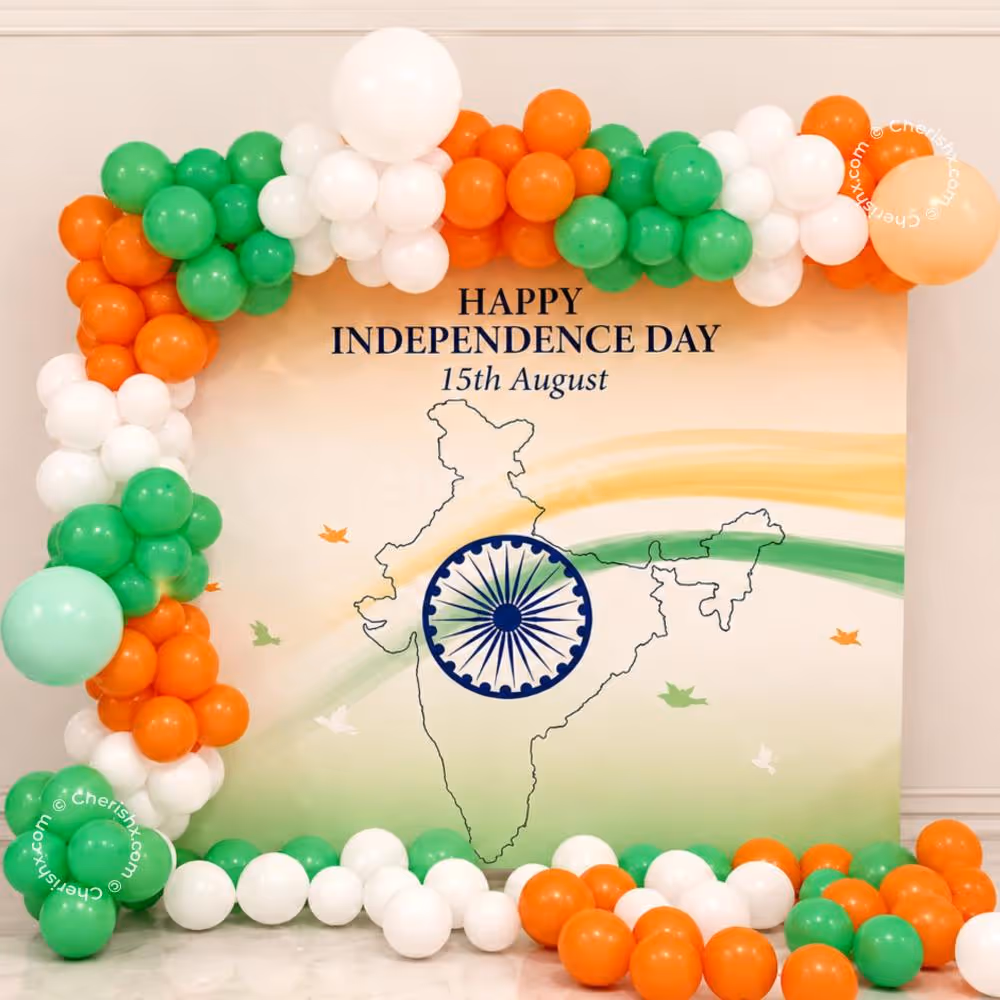 Independence Day Tiranga backdrop with vibrant balloon arch decoration
