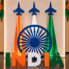 Independence Day Aeroplane Theme Decoration with tricolour aeroplane stands, Ashoka Chakra backdrop, INDIA letter display.