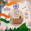 Tricolour decoration with round sunboards and big INDIA lettering for group photos at the office Independence Day photo booth
