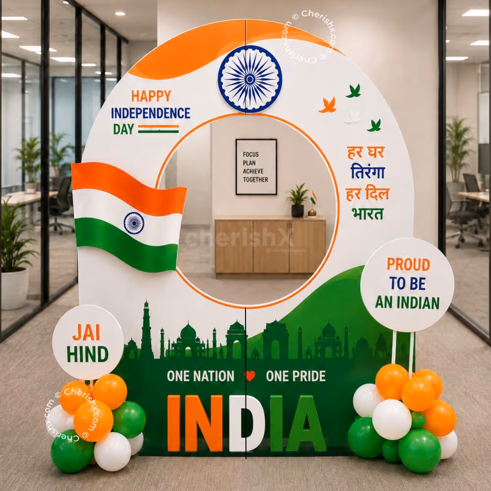 Independence Day Photo booth with customized sunboard, Indian flag graphics and Ashok Chakra design.