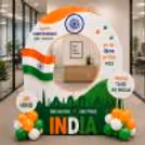 Independence Day Photo booth with customized sunboard, Indian flag graphics and Ashok Chakra design.