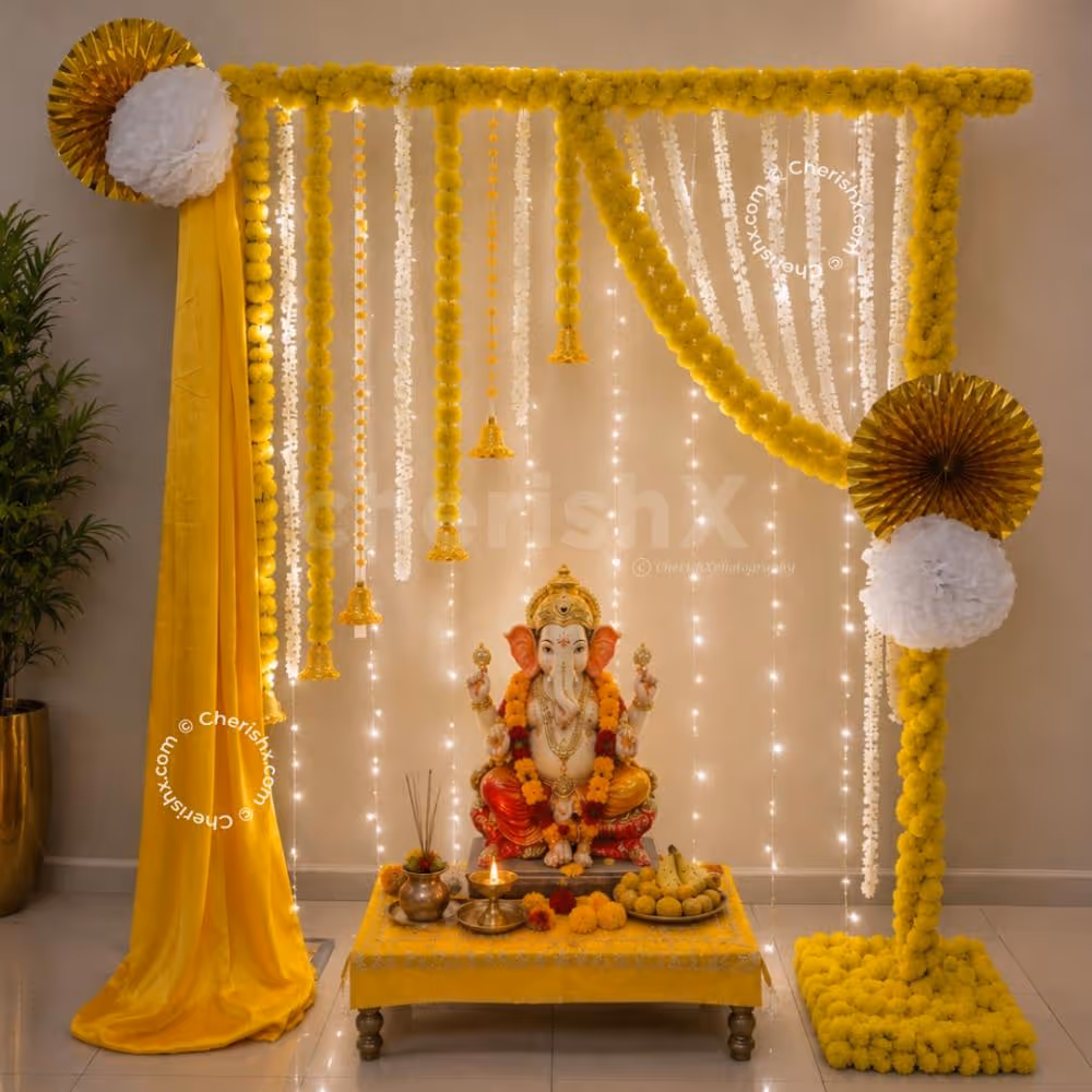 Embrace the festive spirit with vibrant garlands and fragrant jasmine strands, infusing your home with vibrant positivity and joy.