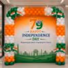 Indian flag decoration, tricolour balloons and customised flex banner for Independence Day celebrations