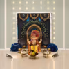 Peacock Elegance DIY Backdrop Decoration Kit for Ganpati decoration, peacock theme backdrop, gold stand, white garlands, blue pom poms.