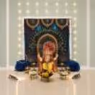 Peacock Elegance DIY Backdrop Decoration Kit for Ganpati decoration, peacock theme backdrop, gold stand, white garlands, blue pom poms.