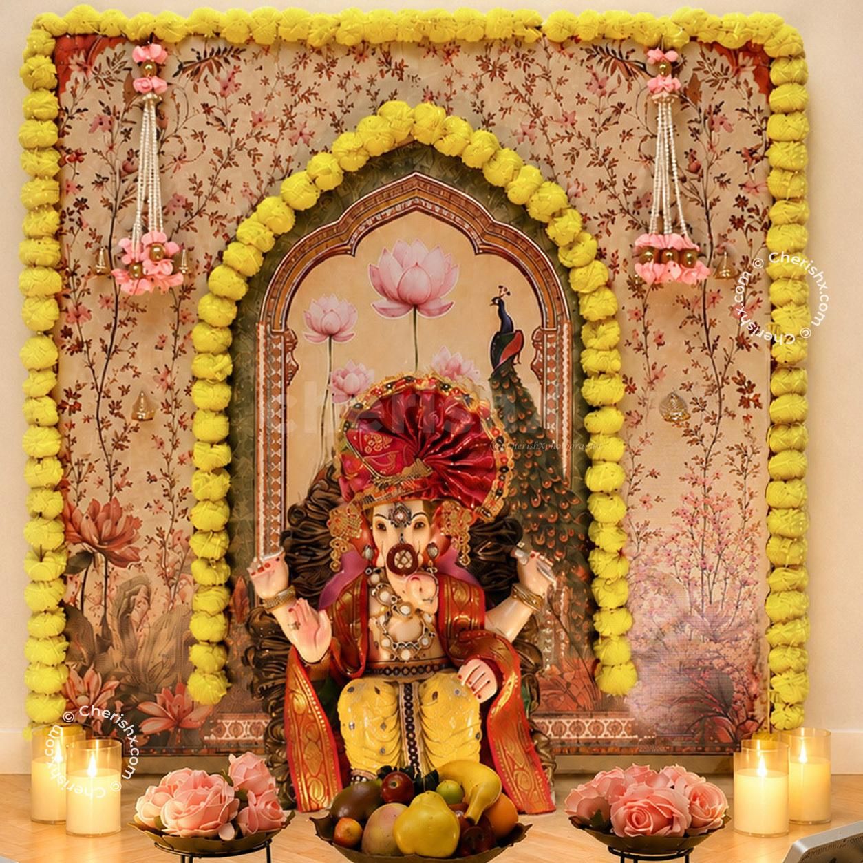 Traditional Ganesh Chaturthi backdrop decoration with Pink Pearl Tassels, hanging Flower details, and decorative lighting.