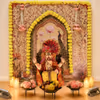 The decoration of the traditional Ganesh Chaturthi is done with the full setup of Ganpati in the backdrop and Peacock Flex and Yellow Floral Arch.