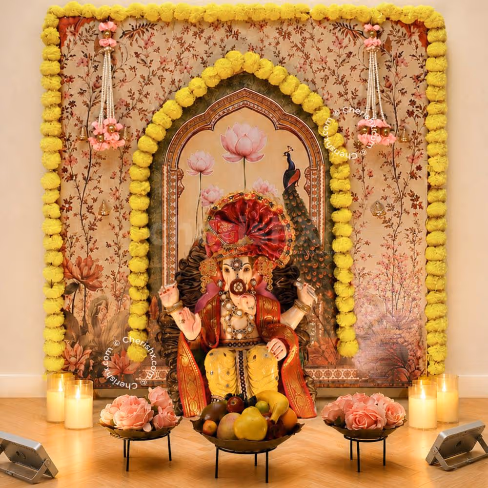 The decoration of the traditional Ganesh Chaturthi is done with the full setup of Ganpati in the backdrop and Peacock Flex and Yellow Floral Arch.