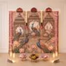 Traditional Mahal Flex Ganesh Backdrop with the detailed printed panels from the palace-style design, pink floral border and pearl tassels.