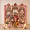 Complete Ganesh Setup with Peacock Artwork, Lotus Motifs and Illuminated Candles, Traditional Mahal Flex Ganesh Backdrop.