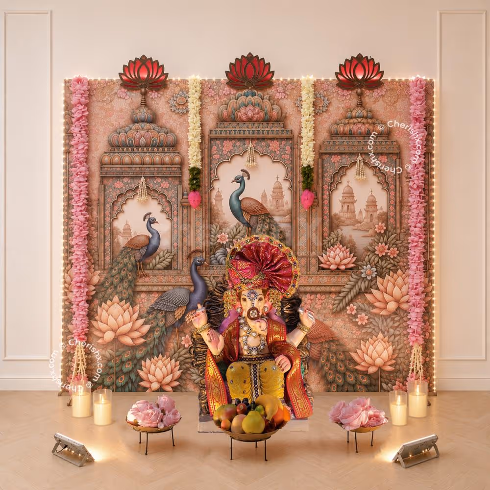 Complete Ganesh Setup with Peacock Artwork, Lotus Motifs and Illuminated Candles, Traditional Mahal Flex Ganesh Backdrop.
