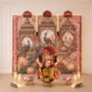 Complete Ganesh Setup with Peacock Artwork, Lotus Motifs and Illuminated Candles, Traditional Mahal Flex Ganesh Backdrop.