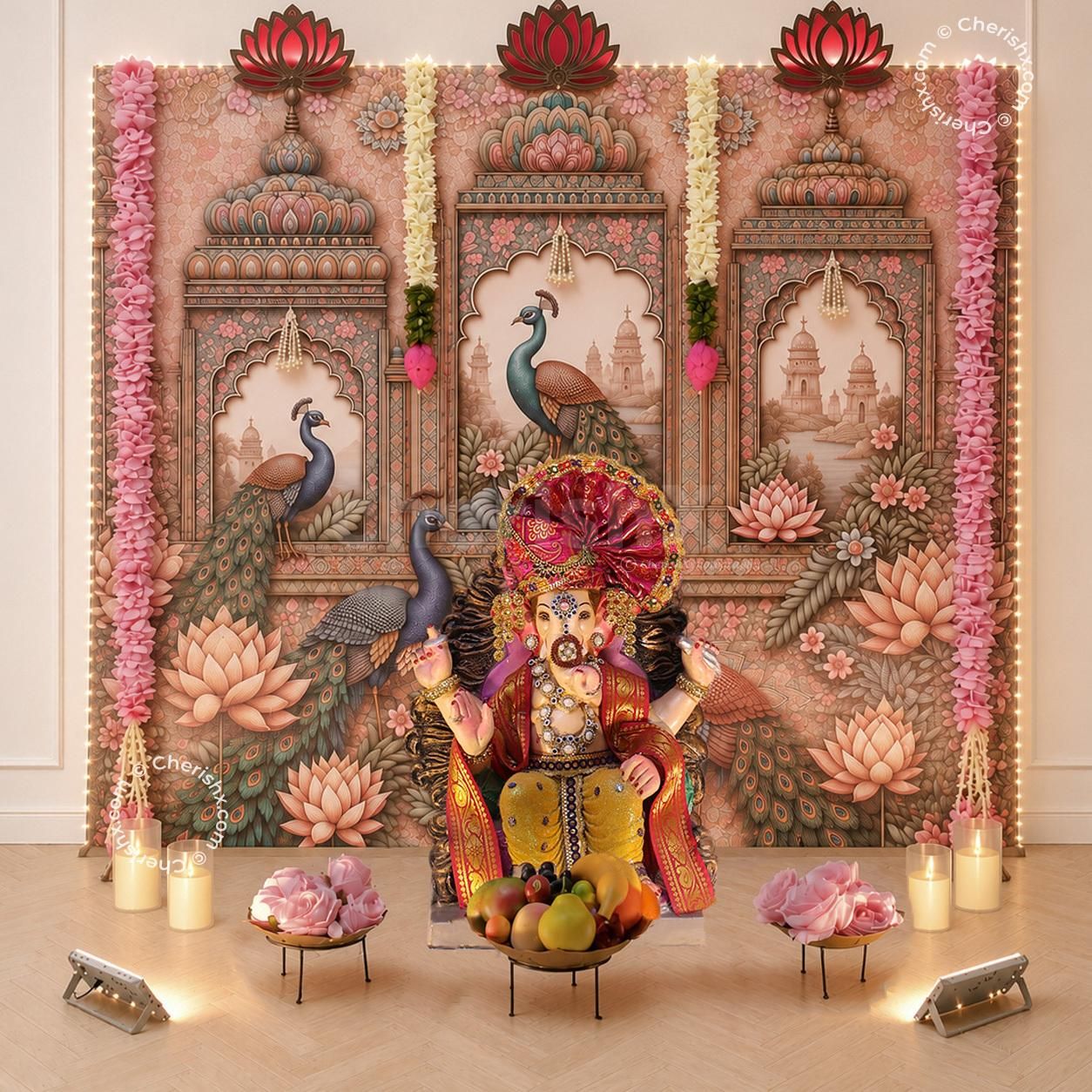 Decorative lotus flowers, garland, tassels and focused lighting around the setup are visible in the traditional Mahal Flex Ganesh Backdrop.