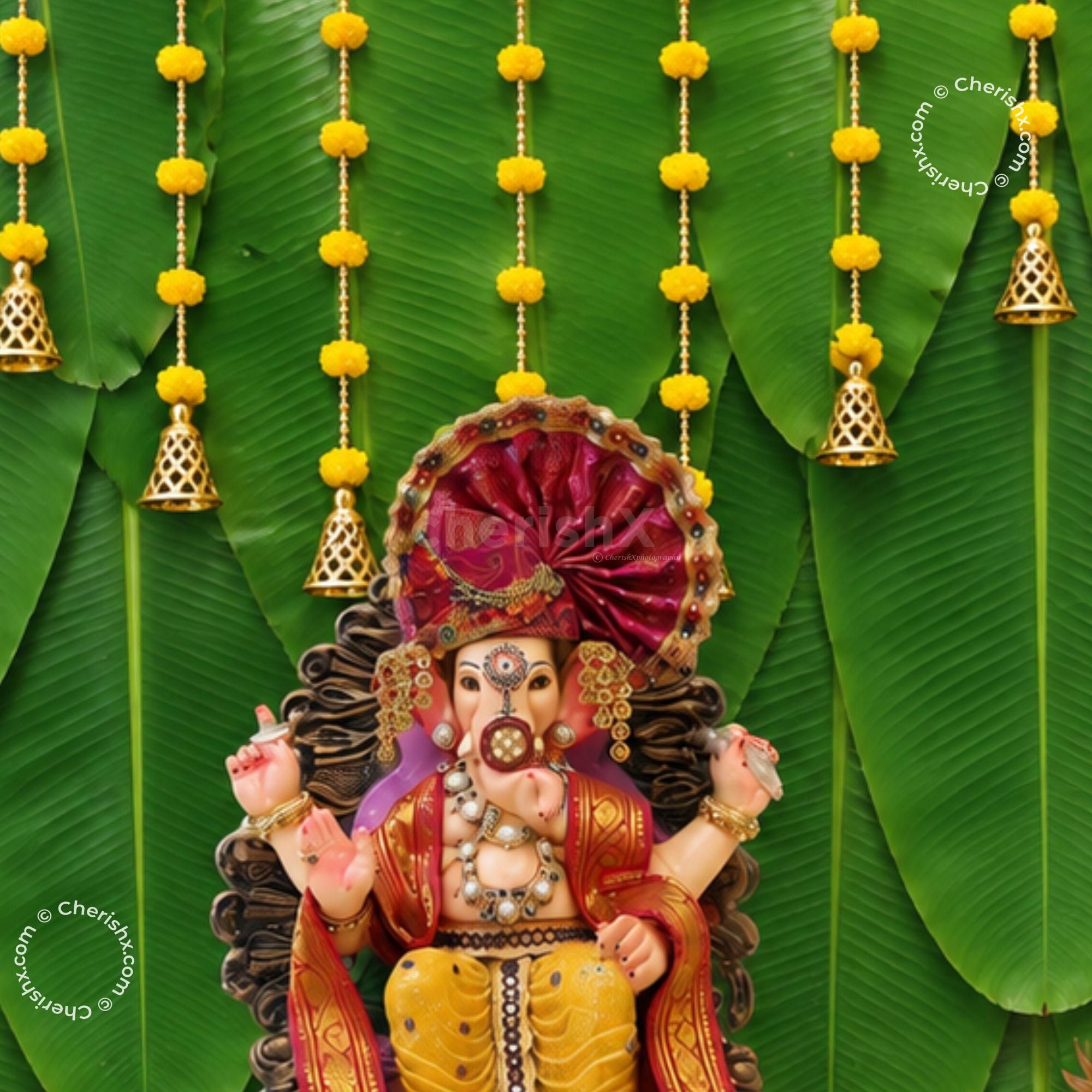 DIY Ganpati Wall with Banana Leaf, Yellow Marigold Garlands Around The Festive Setup