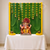 DIY Banana Leaf Ganpati Backdrop with green leaf design, yellow rose hangings, and decorative bells.