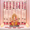 Lotus and Crystal Theme Ganpati Backdrop with Pink Lotus Garlands and Fairy Light Decoration.