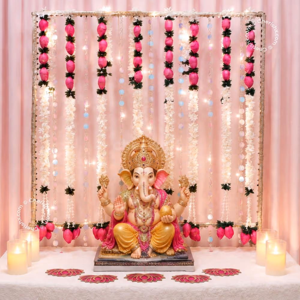 Lotus and Crystal Theme Ganpati Backdrop with Pink Lotus Garlands and Fairy Light Decoration.