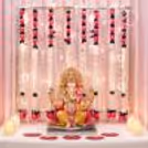 Lotus and Crystal Theme Ganpati Backdrop with Pink Lotus Garlands and Fairy Light Decoration.
