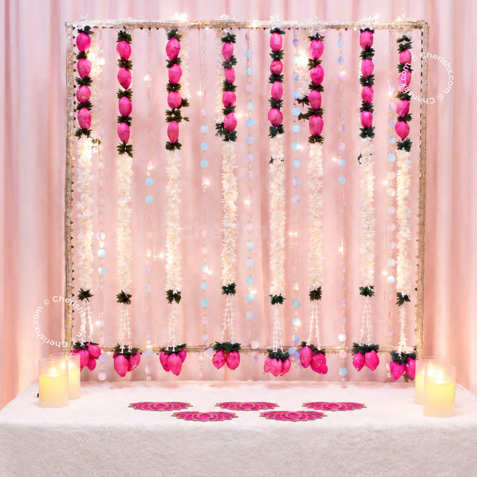 Pink Lotus Ganpati Decoration Ideas with Floral strings, Crystal strings & MDF Lotus accents