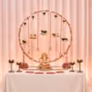 Golden Circular Frame Mini Ring Stand Decoration Kit with Wisteria Vines & Pink Floral Hangings.