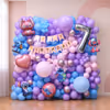 Stitch Birthday Decoration with a pastel balloon wall, a Happy Birthday banner, and character foil balloons.