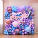 Pastel pink, blue, and purple themed birthday balloon wall with character cutouts and an age balloon.
