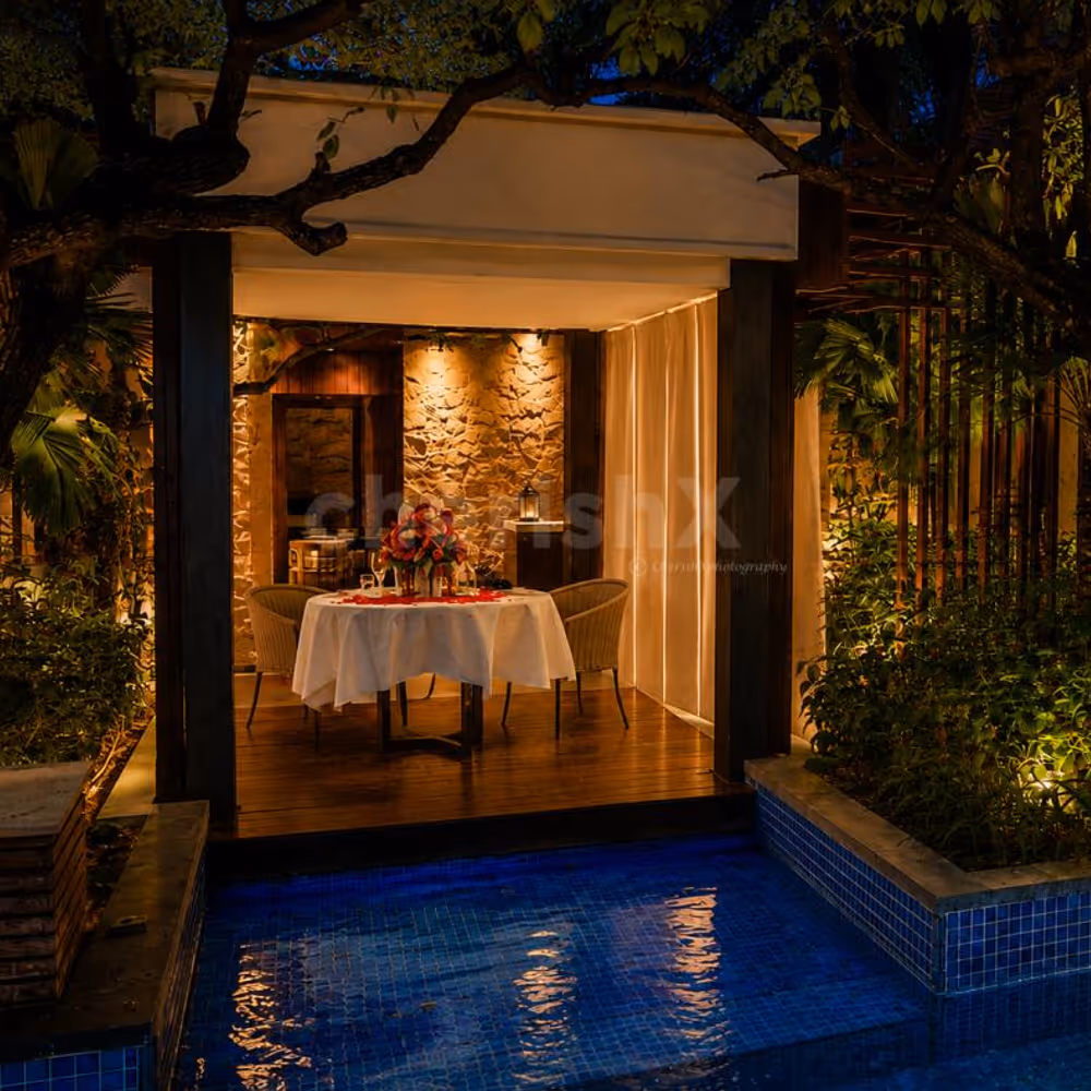 Romantic private poolside cabana dinner at Conrad Bengaluru