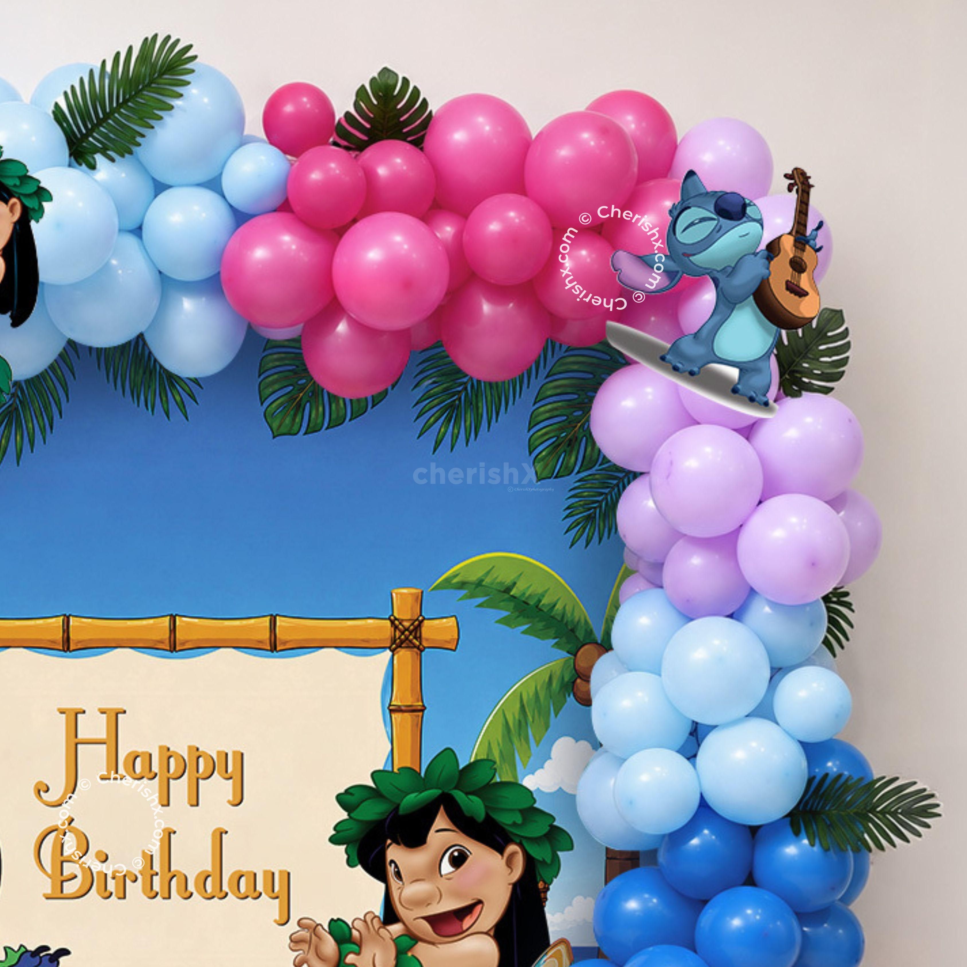 Beach Party Theme, Characters, Tropical Leaves, Balloon Clusters and Stitch Theme for a birthday event.