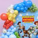 Toy Story theme birthday backdrop with red, blue and yellow balloons and characters Woody, Buzz Lightyear and more.
