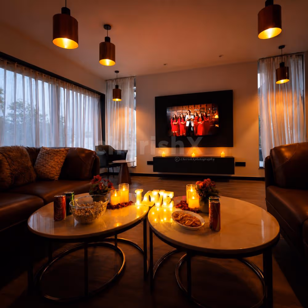 Private movie night and dinner setup for couples with romantic décor