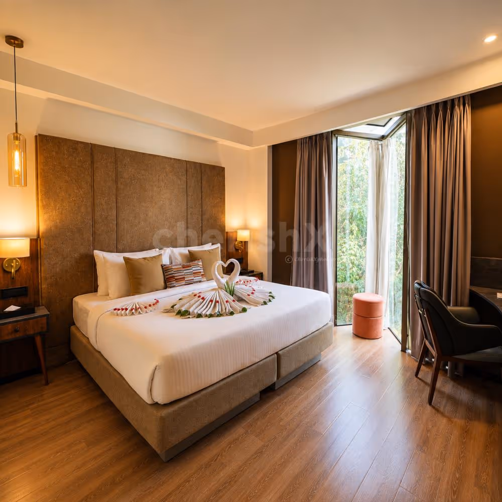 Luxury suite room with romantic towel decoration for couples