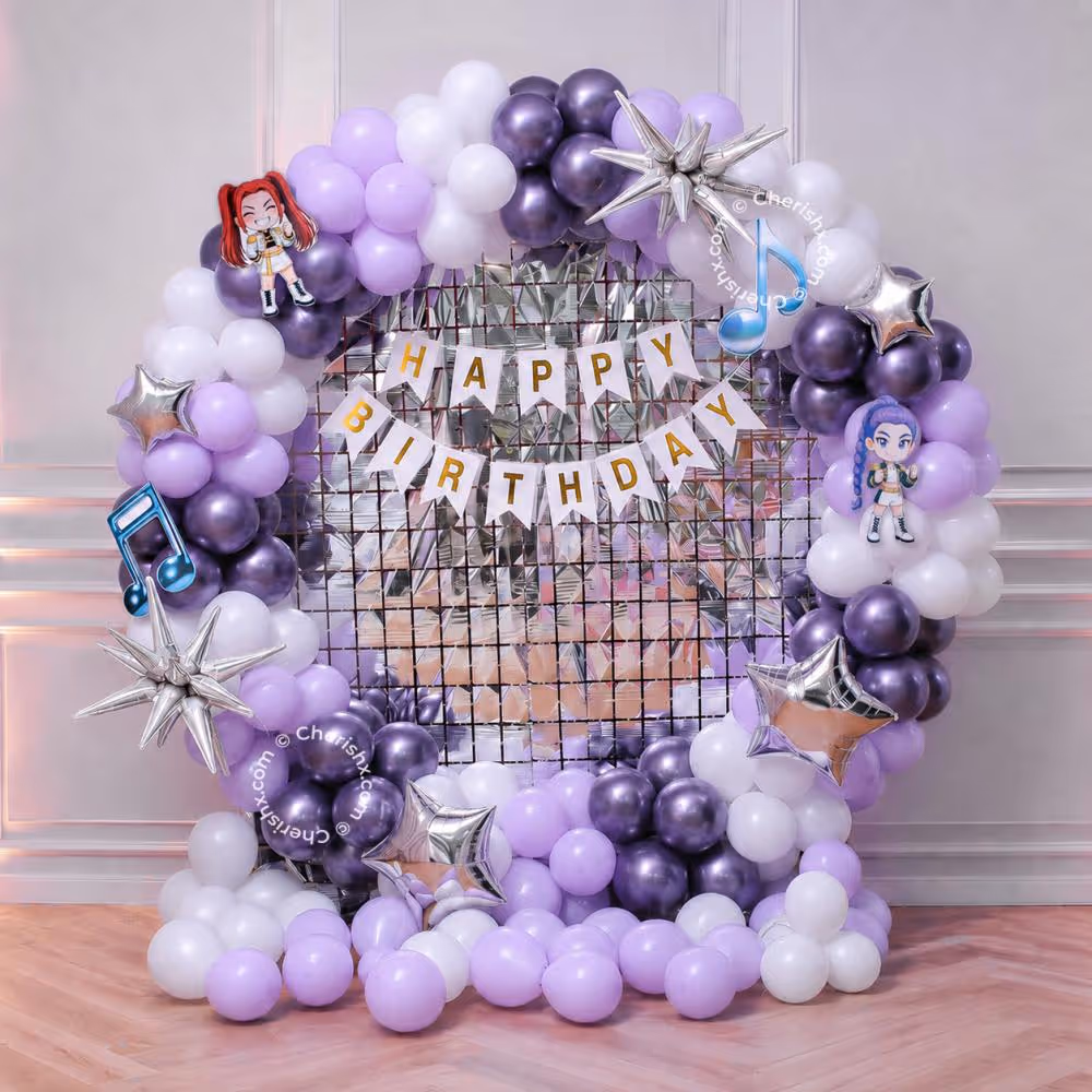 Themed Paper Cut-Outs On The Balloon Arch Add To The Concert Vibes Of The Birthday Celebration.