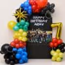 Roblox Birthday wall with Happy Birthday Text, Character Graphics, Golden Star and Colored Balloons.
