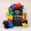 Roblox themed birthday decoration with personalized flex backdrop, colourful balloon arch and golden age number