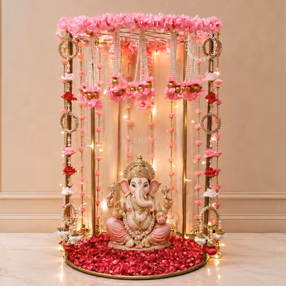 Front view of festive background with pearl decor, pink flowers, warm light and a round golden stand.
